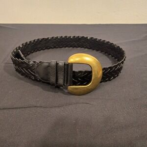 Anthropologie Black Woven Braided Leather Belr With Brass Buckle Size Large